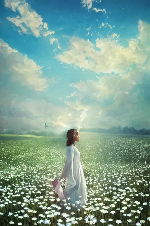 Image similar to giant white daisy flowers veil head, girl walking in a flower field, surreal photography, sunrise, dramatic light, impressionist painting, colorful clouds, digital painting, artstation, simon stalenhag