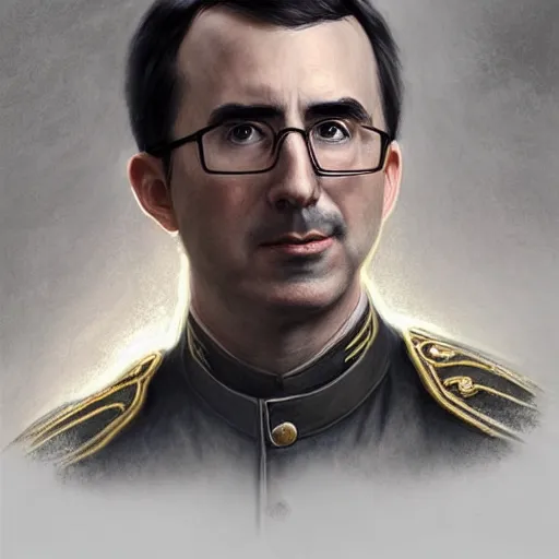 Image similar to portrait of stoic looking john oliver, military uniform, fantasy, intricate, elegant, highly detailed, centered, dark, smokey, charcoal painting, digital painting, artstation, concept art, smooth, sharp focus, illustration, art by artgerm and greg rutkowski and alphonse mucha