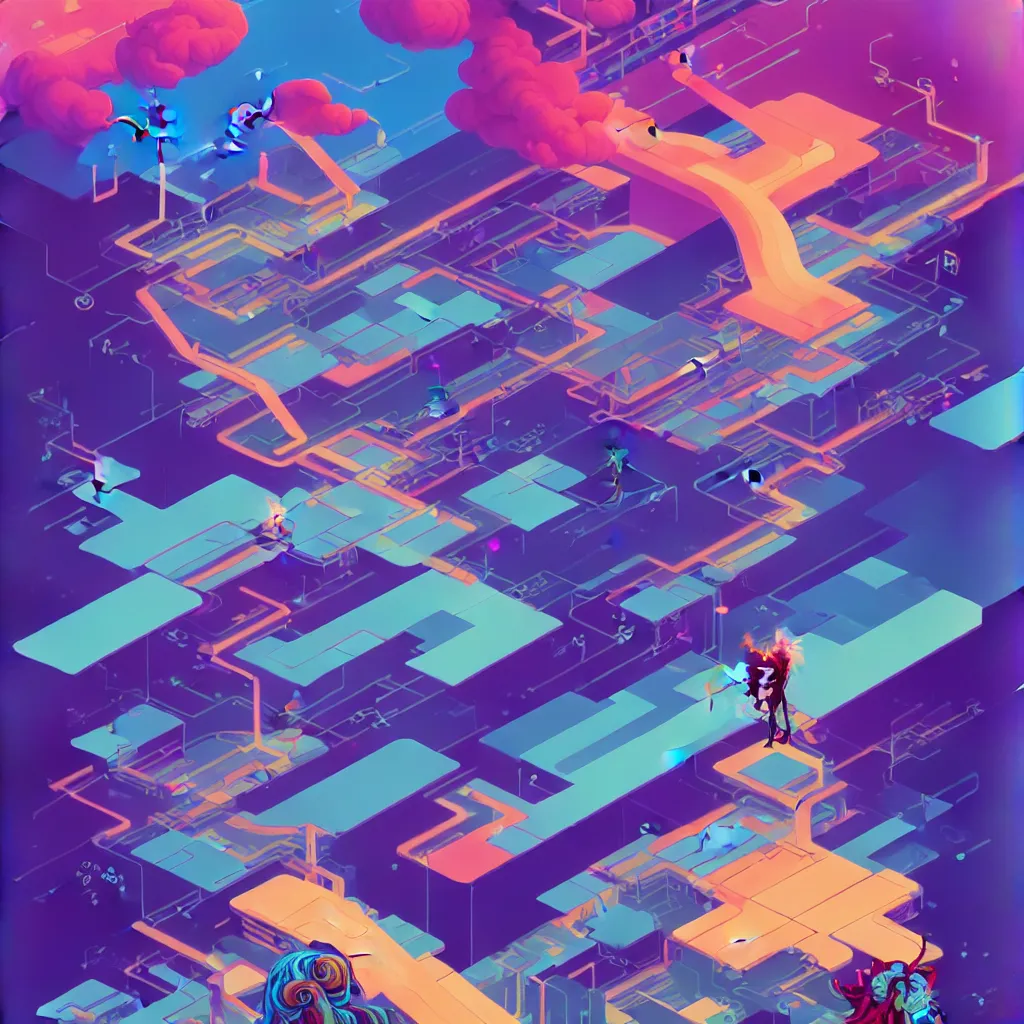 Image similar to a micro-service deployed to a datacenter, road, connector, defence, wall, cloud, security, logo, cyber, attack vector, trending on Artstation, painting by Jules Julien, Leslie David and Lisa Frank and Peter Mohrbacher and Alena Aenami and Dave LaChapelle muted colors with minimalism