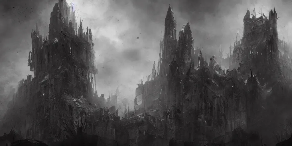 Image similar to grimdark fantasy fortress, ruined, terrifying architecture, looming, dark, fog, dark souls, artstation