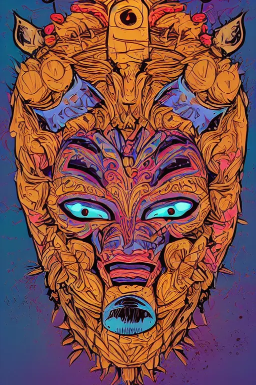 Image similar to animal mask totem roots flower tribal feather gemstone plant wood rock shaman vodoo video game vector cutout illustration vivid multicolor borderlands comics by josan gonzales and dan mumford radiating a glowing aura