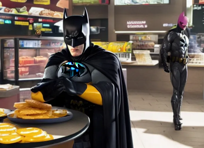 Prompt: film still of Batman working as a cashier at McDonalds in the new batman movie, 4k