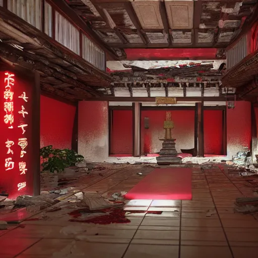 Prompt: destroyed old shintoist temple interior, detailed, jewelry, sakura,photograph, award wining, red and white, trending on artstation, 4k, unreal engine 5, octane render, neon highlights