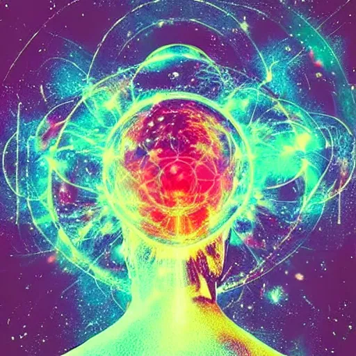 Image similar to cosmic psychedelic chaos energy emitting from man’s head