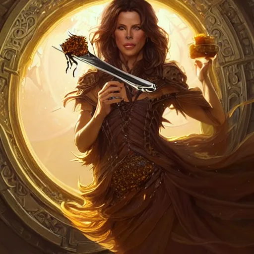 Image similar to Kate Beckinsale covered in honey eating fork, D&D, fantasy, intricate, elegant, highly detailed, digital painting, artstation, concept art, matte, sharp focus, illustration, hearthstone, art by Artgerm and Greg Rutkowski and Alphonse Mucha