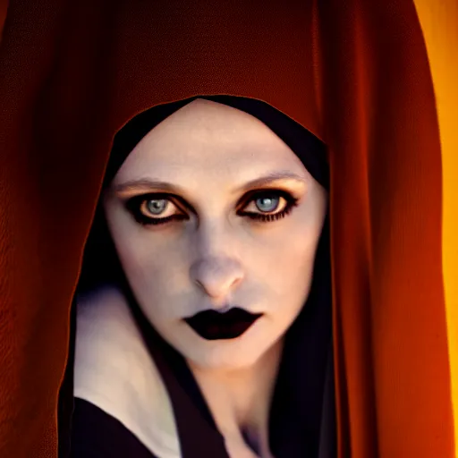 Image similar to photographic portrait of a stunningly beautiful goth nun female in soft dreamy light at sunset, contemporary fashion shoot, by edward robert hughes, annie leibovitz and steve mccurry, david lazar, jimmy nelsson, breathtaking, 8 k resolution, extremely detailed, beautiful, establishing shot, artistic, hyperrealistic, beautiful face, octane render