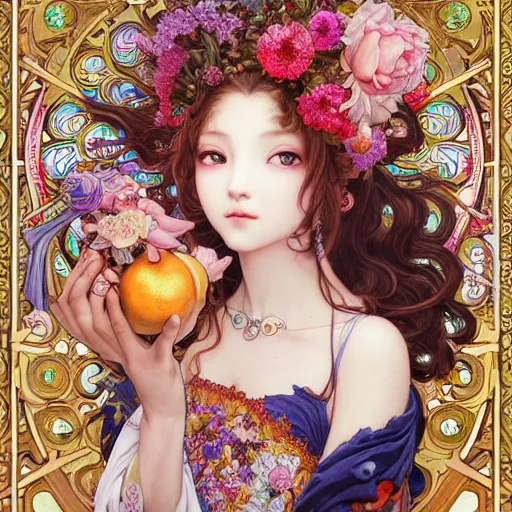 Image similar to a masterpiece ultrarealistic ultradetailed portrait of beautiful love jewelry mecha genius witch girl on fruits street market baroque renaissance. medium shot, intricate, elegant, by stanley artgerm lau, wlop, alphonse mucha, rossdraws, andrei riabovitchev, yoshitaka amano. flower background my james jeand and takashi murakami.