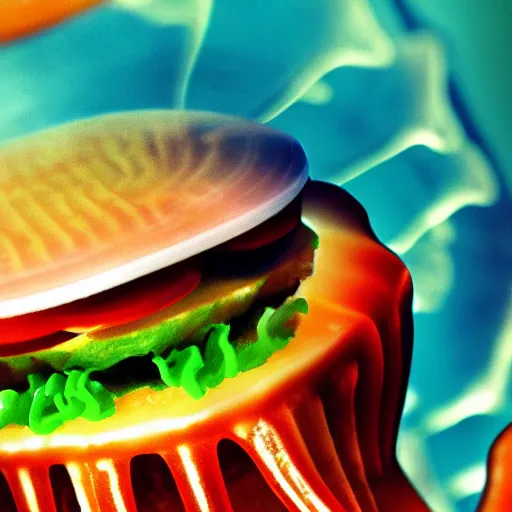 Image similar to hamburger mix jellyfish, cg, 8 k, surrealistic, sharp focus, style by andy warhol