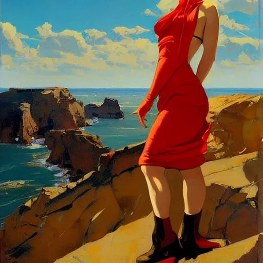 Image similar to an attractive female standing on a cliff, looking out at a red ocean, jc leyendecker!! phil hale!, angular, brush strokes, painterly, vintage, crisp