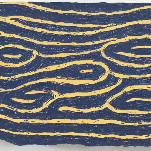 Image similar to a river scene. The river is represented by a line winding through the center of the mixed mediart. The banks of the river are represented by two lines, one on each side. instruction manual by Emily Kame Kngwarreye calm, aesthetic