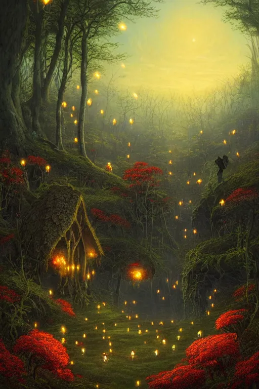 Prompt: a beautiful digital landscape painting of a detailed gothic fantasy fireflies and roots, dark mushroom, flowers by benoit b. mandelbrot, steven belledin, martin johnson heade, lee madgwick, caspar david friedrich, and david rios ferreira. 8 k resolution trending on artstation concept art digital illustration