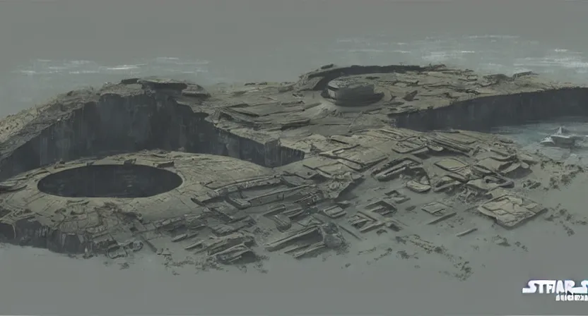 Image similar to the imperial base from Star Wars: Rogue One on Scarif placed on a volcanic planet concept art by Doug Chiang, cinematic,