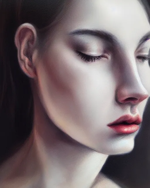 Image similar to portrait of a beautiful woman, enigmatic beauty, head in focus, intricate, elegant, highly detailed, hyperrealistic, concept art, painterly, sharp focus, art by emilia elfe