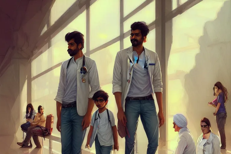 Image similar to Anxious pretty pale young Indian doctors wearing jeans and shirts at the airport, portrait, elegant, intricate, digital painting, artstation, concept art, smooth, sharp focus, illustration, art by artgerm and greg rutkowski and alphonse mucha