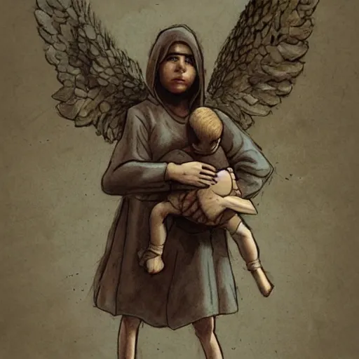 Image similar to Angel protecting child by Boris Groh, very detailed, deviantart, artstation