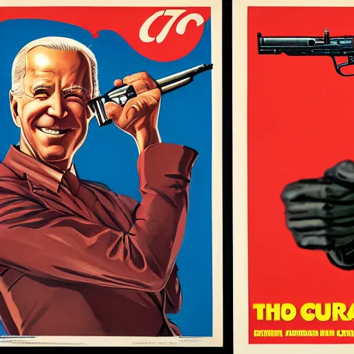 Image similar to propaganda poster of joe biden pointing gun directly at camera in james bond mobie, closeup of gun, visible barrel and grip by j. c. leyendecker, bosch, lisa frank, jon mcnaughton, and beksinski