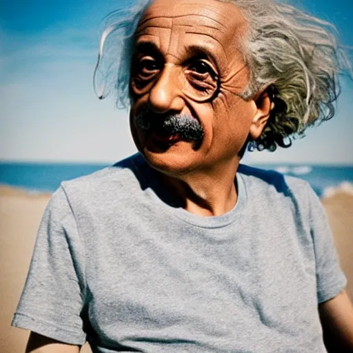 Prompt: Albert Einstein as a hipster, wearing tshirt, shorts and sunglasses at the beach, instagram photo