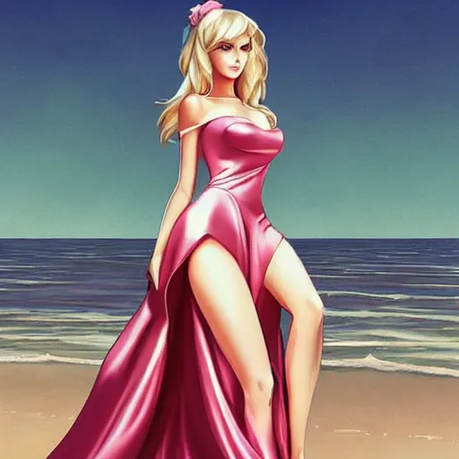 Image similar to beautiful princess in a satin dress on the beach drawn by artgerm