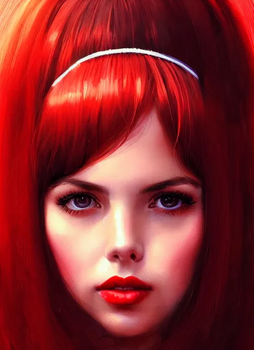 Prompt: portrait of lexi belle with bangs, 1 9 6 0 s, long hair, red hairband, bangs, intricate, elegant, glowing lights, highly detailed, digital painting, artstation, concept art, smooth, sharp focus, illustration, art by wlop, mars ravelo and greg rutkowski