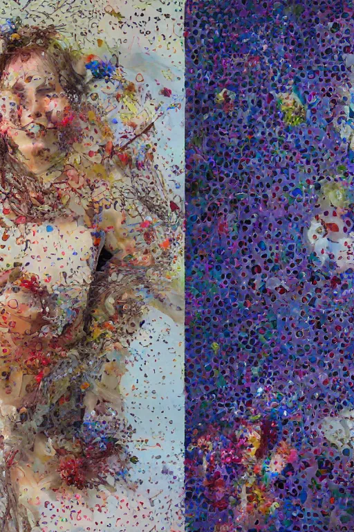 Prompt: hyperrealism, 2 0 y. o girl in in the style dustin yellin, of yoshitaka amano, style wrapped in flowers and wired in the style of yayoi kusama, by barry lyndon ultra detailed high resolution, 8 0 s print sci fi art