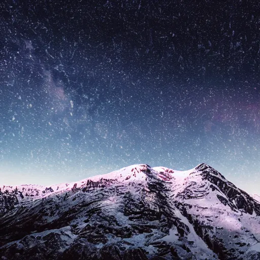 Prompt: a large snowy mountain with a night full of stars and galaxies behind it, cinematic picture