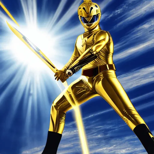 Image similar to full ultimate shiny golden sharp saber of power ranger white photorealistic digital art hyperdetailed surface sunlight reflections