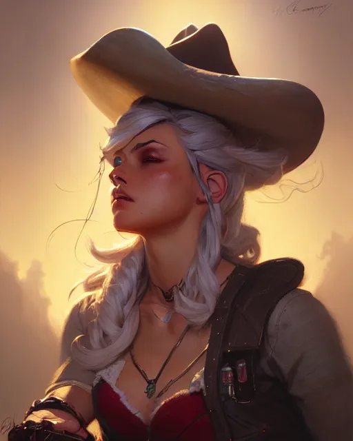 Image similar to ashe from overwatch, cowgirl, character portrait, portrait, close up, concept art, intricate details, highly detailed by greg rutkowski, michael whelan and gustave dore