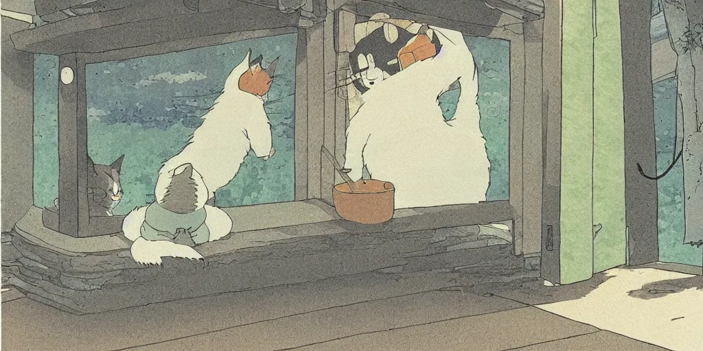 Image similar to a studio ghibli illustration of a cat waiting for his owner, atmospheric, widescreen