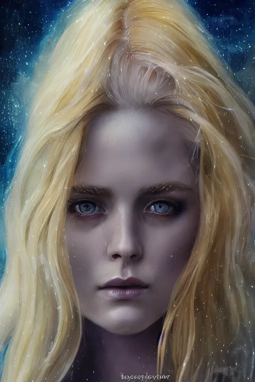 Image similar to Norse blonde goddess of glitter character portrait, lean face, cinematic lighting, hyper-detailed, cgsociety, blue eyes, 8k, high resolution, in the style of Charlie Bowater, Tom Bagshaw, alan lee, single face, symmetrical, headshot photograph, insanely detailed and intricate, beautiful, elegant, watercolor, cinematic, portrait, Raphaelite, headroom, artstation, Pierre-Auguste Renoir