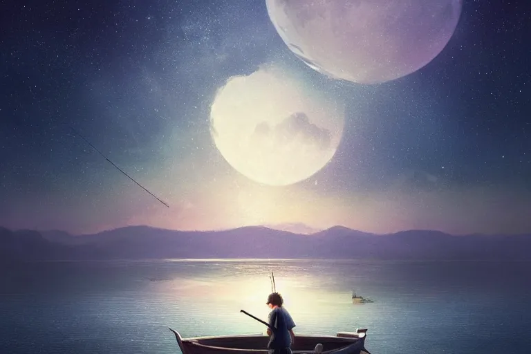 Image similar to a highly detailed matte painting of a fishing boat on lake under moon and stars by studio ghibli, makoto shinkai, by artgerm, by wlop, by greg rutkowski, volumetric lighting, cyberpunk, octane render, 4 k resolution, trending on artstation, masterpiece