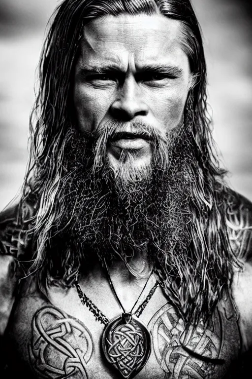 Prompt: a cinematic view of wide bw photo from a very ornated old rasputin mixed with brad pitt viking, shaved haircut, showing celtic tattoos in the head, using leather armour with necklace of teeth, naughty expression, photorealistic, volummetric light, depth of field, detailed, texturized, zeiss lens high professional mode