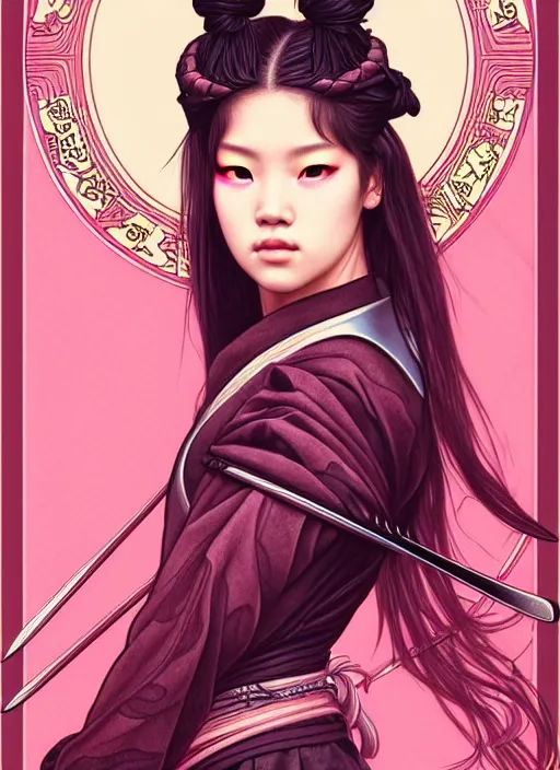 Image similar to jossi of blackpink, female samurai, tarot card, highly detailed, digital painting, smooth, sharp focus, illustration, ultra realistic, 8 k, art by artgerm and alphonse mucha