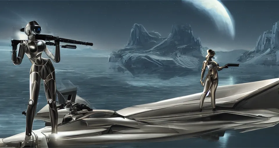 Image similar to a decadent futuristic sportscar designed by pinifarina and a female robot holding a bazooka at a lake in ancient greece, hdr, hyperrealistic, photorealistic, bokeh, volumetric lighting, sunrise background, production i. g. studios syd mead style