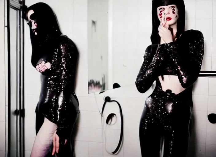 Image similar to cinestill 5 0 d candid photographic portrait by quentin tarantino of a beautiful feminine man wearing black techwear and glitter makeup looking in a broken bathroom mirror, cramped new york apartment, full shot, retrofuturism cyberpunk cinematic, 8 k, hd, high resolution, 3 5 mm, f / 3 2, ultra realistic faces, clockwork orange