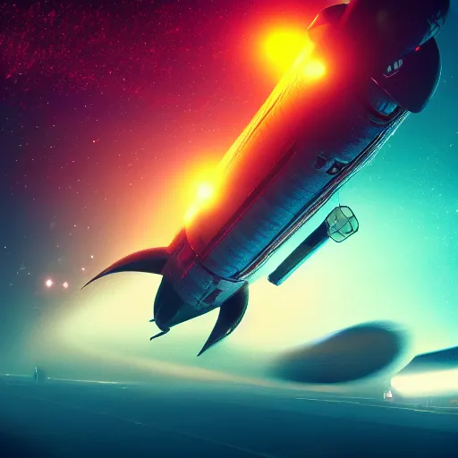 Image similar to rocket ship in space running into a comet, photo realistic, 8k, artstation, Blade runner, neon signs in the distance, dark, cinematic, high contrast, epic