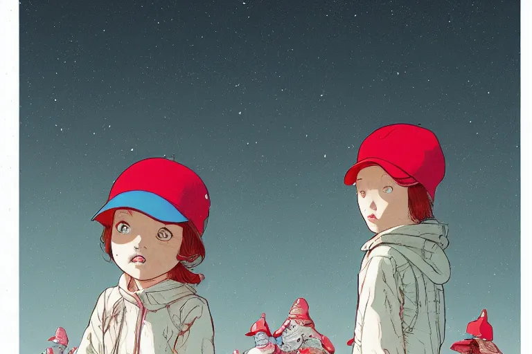 Prompt: a young girl with a red hat on a by moebius and victo ngai and goro fujita and katsuhiro otomo, ultradetailed, clean line, color comics style, dynamic lighting, night