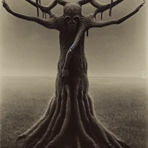 Image similar to vintage photography of faceless beast-god with many long arms, a huge body covered with deep furs by Zdzisław Beksiński, odd eye, dark fantasy, detaling, abomination, blur