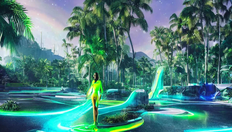 Image similar to science fiction landscape, glowing woman from the future, colorful creatures and neon green palm trees, soft rainbow in the background, shape shifting water, falling stars, deviant art, unreal engine, realistic shading, realistic render, octane render, detailed textures, photorealistic, wide shot