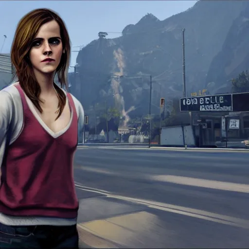 Image similar to emma watson in gta v, cover art by stephen bliss, artstation, no text