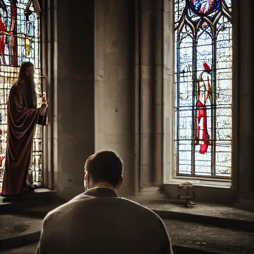 Image similar to angel protecting man who is praying inside a gothic church, cinematic style, 4K highly detailed, light studio style