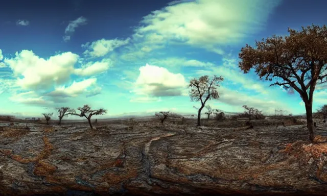 Image similar to beautiful panorama of many magnificent big upside-down raindrops in a perfect cloudless blue sky above a dried up river, desolate land, dead trees, blue sky, hot and sunny highly-detailed, elegant, dramatic lighting, artstation, 4k, cinematic landscape, masterpiece photograph by Elisabeth Gadd