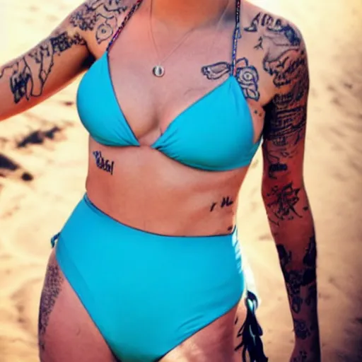 Image similar to halsey in a bikini, hyper realistic
