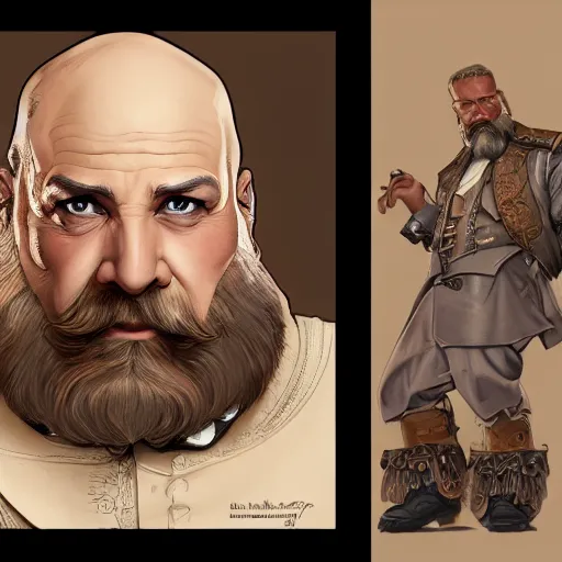 Prompt: Three quarters portrait of a bald male steampunk dwarf with long brown beard, highly detailed, digital painting, art by Stanley Lau and Artgerm and magali villeneuve and Alphonse Mucha, artstation, octane render, cgsociety