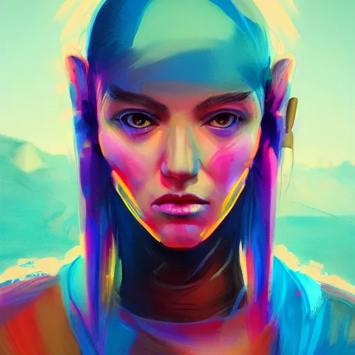 Prompt: colorful character portrait of a woman in a dark desert lit by the stars, wispy smoke, highly detailed face, very intricate, symmetrical, cinematic lighting, award - winning epic painting, painted by mandy jurgens, pan futurism, dystopian, bold colors, dark vibes, cyberpunk, groovy vibe, anime aesthetic, featured on artstation