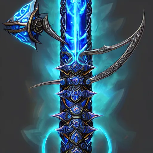 Image similar to bright weapon of warcraft blizzard wizard staff art, a spiral magical wizard staff. bright art masterpiece artstation. 8k, sharp high quality illustration in style of Jose Daniel Cabrera Pena and Leonid Kozienko, blue colored theme, concept art by Tooth Wu,