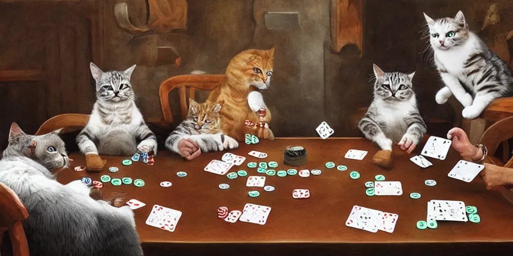 Image similar to cats playing poker, hyper realistic