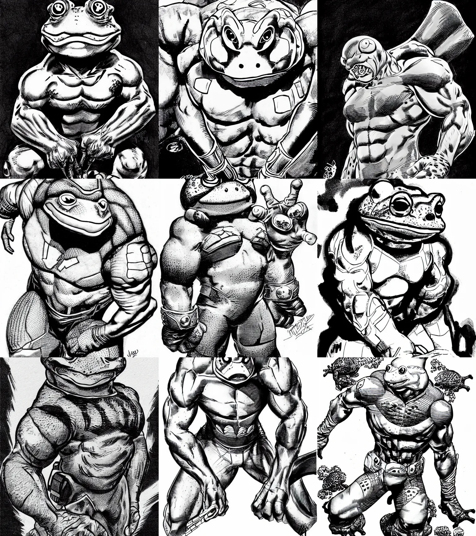 Prompt: toad animal!!! jim lee!!! full shot!! flat grayscale ink sketch by jim lee close up in the style of jim lee, cyborg! beautiful cute hunter hulk toad animal looks at the camera by jim lee