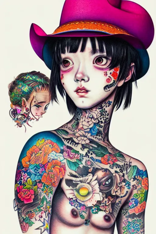 Image similar to full view of girl with tattoos wearing cowboy hat, style of yoshii chie and hikari shimoda and martine johanna, highly detailed