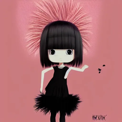 Prompt: little girl with an pink bizarre haircut wearing an dress made of black feathers, artwork made by ilya kuvshinov