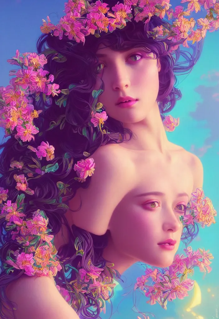 Image similar to young beautiful woman, gorgeous face, vaporwave aesthetic, synthwave, colorful, psychedelic, artstation, flowers, bees, full - body, gown, smooth, extremely sharp detail, finely tuned detail, 8 k, unreal engine 5, ultra sharp focus, illustration, art by artgerm and greg rutkowski and alphonse mucha